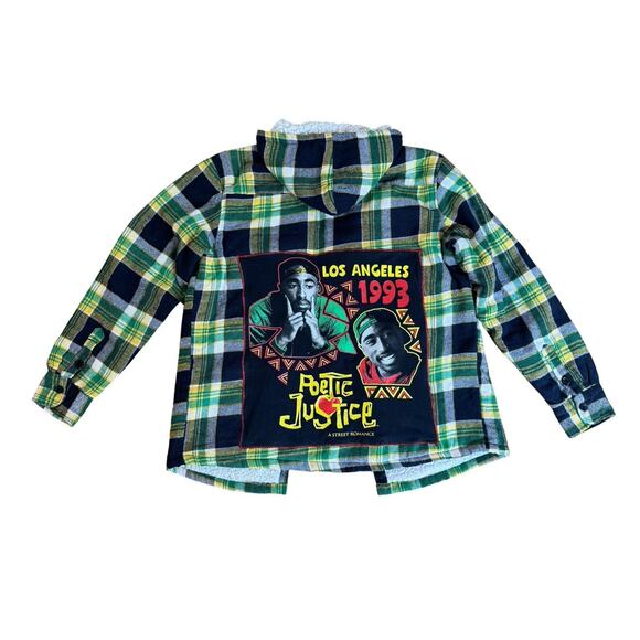 TUPAC Poetic Justice Upcycled Plaid Flannel Shacket 90s Rap Retro Vintage Sz M - Picture 6 of 9